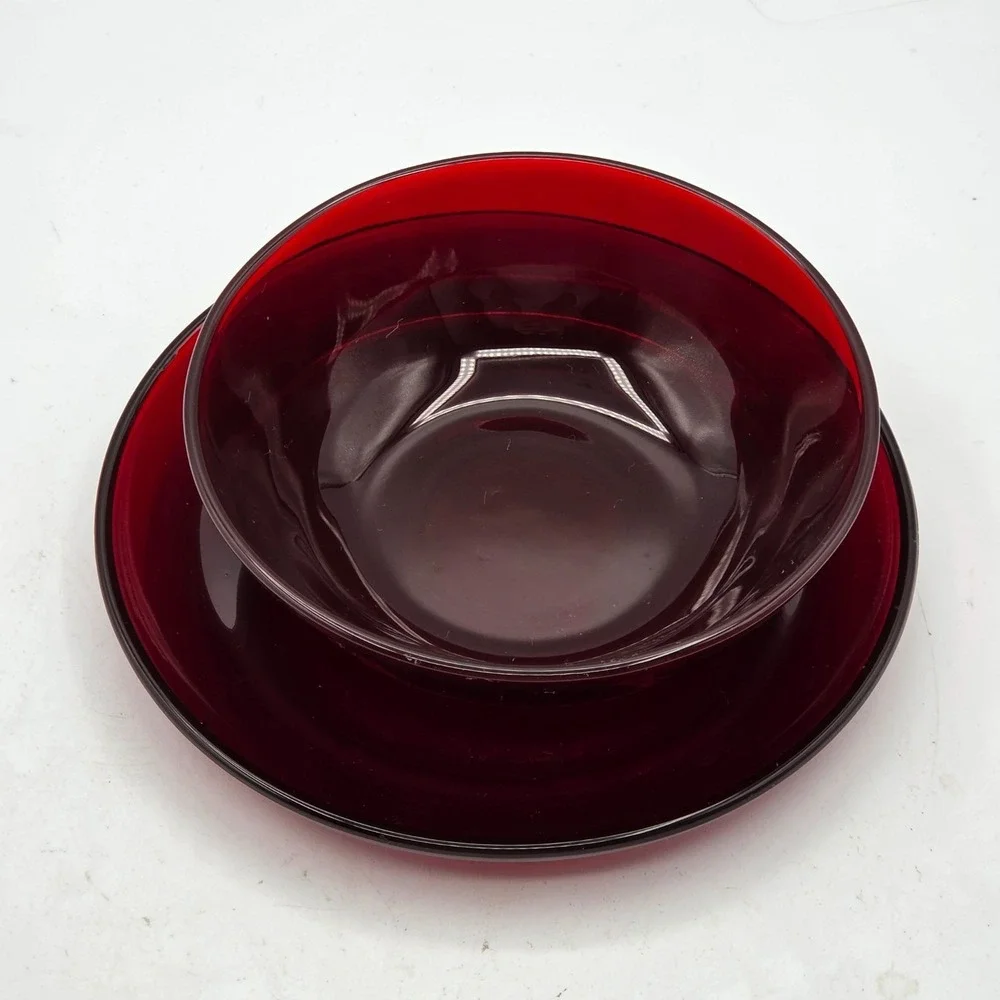 Ruby Red Glass Bowl With Saucer for Cereal Soup or Dessert Arcoroc France Lumina
